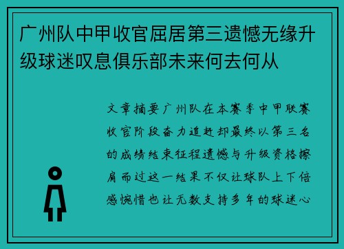 广州队中甲收官屈居第三遗憾无缘升级球迷叹息俱乐部未来何去何从